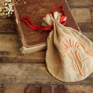 Vintage 1930s 1940s Drawstring Bag, Embroidered Linen Purse, Reticule Pouch